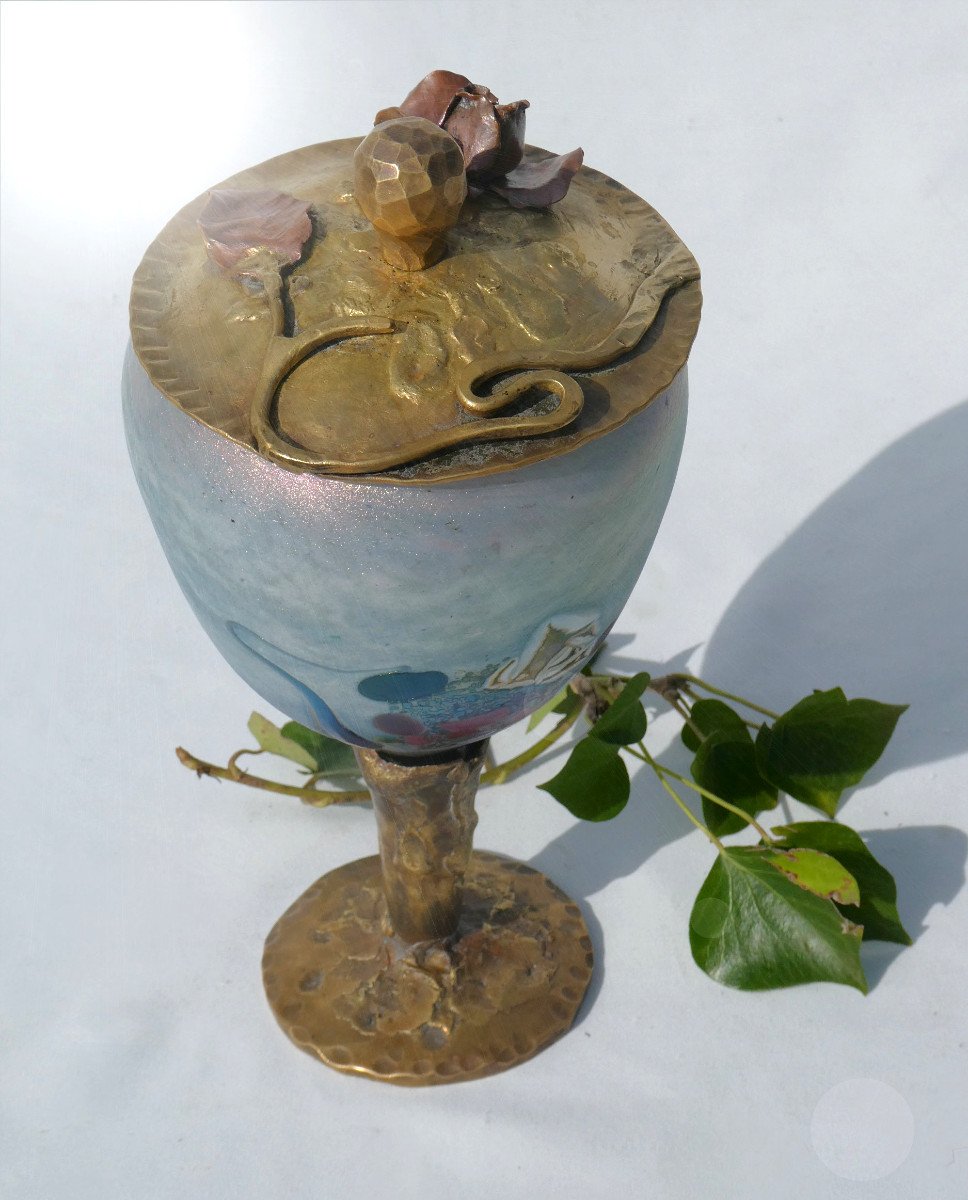 Grande Coupe Drageoir En Pate De Verre & Bronze , Signée Muller , Style Art Nouveau , Ciboire 1915 , Loetz-photo-1