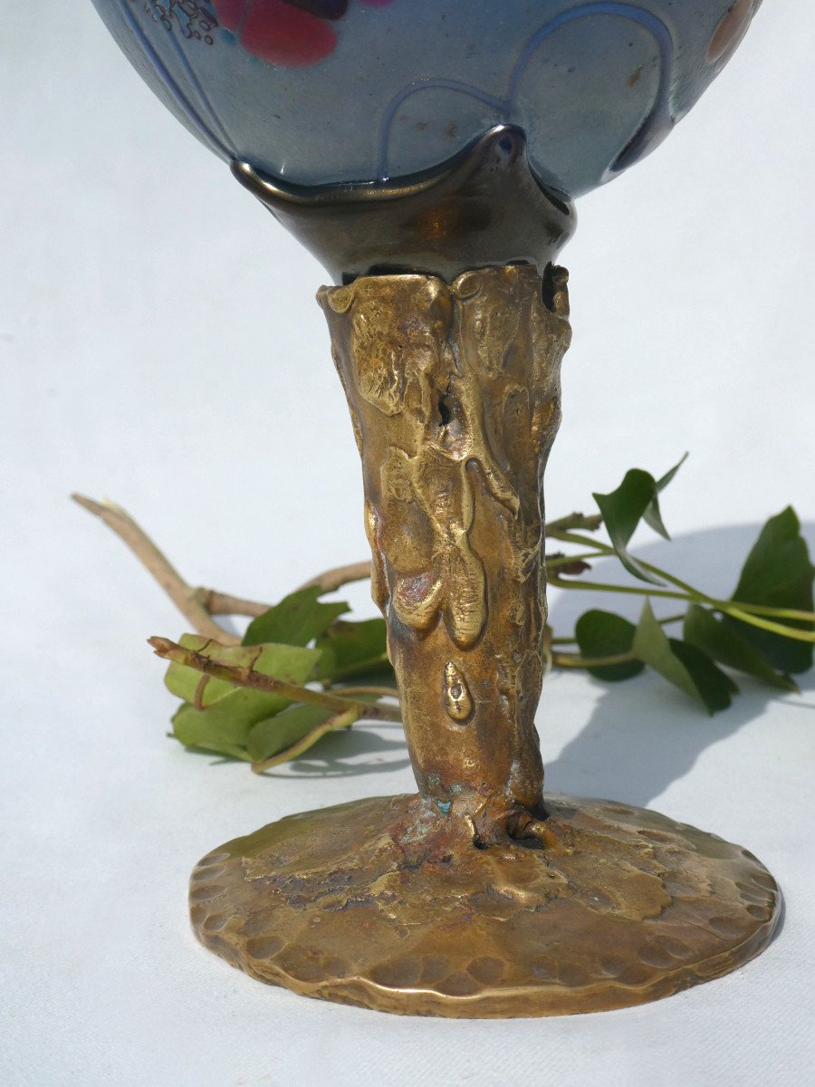 Grande Coupe Drageoir En Pate De Verre & Bronze , Signée Muller , Style Art Nouveau , Ciboire 1915 , Loetz-photo-6