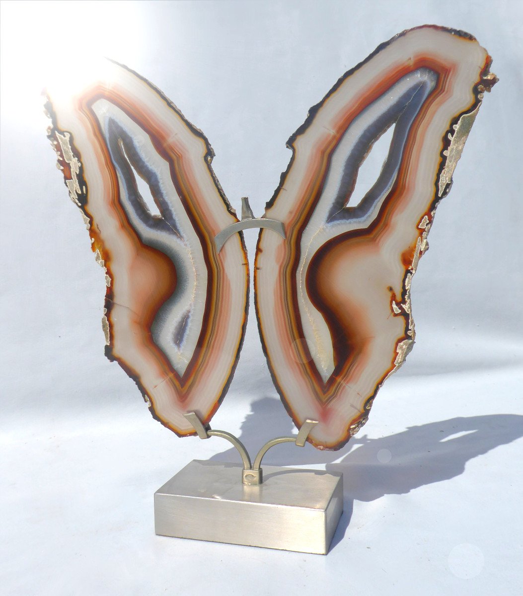 Sculpture 1970 Papillon En Agate , Marbre & Metal Brossé Style Willy Daro , Design-photo-2