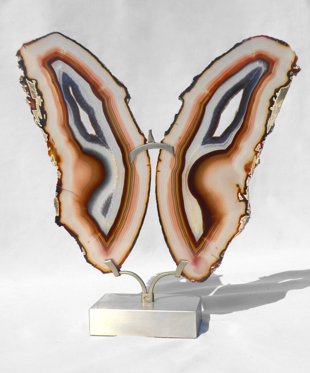 Sculpture 1970 Papillon En Agate , Marbre & Metal Brossé Style Willy Daro , Design