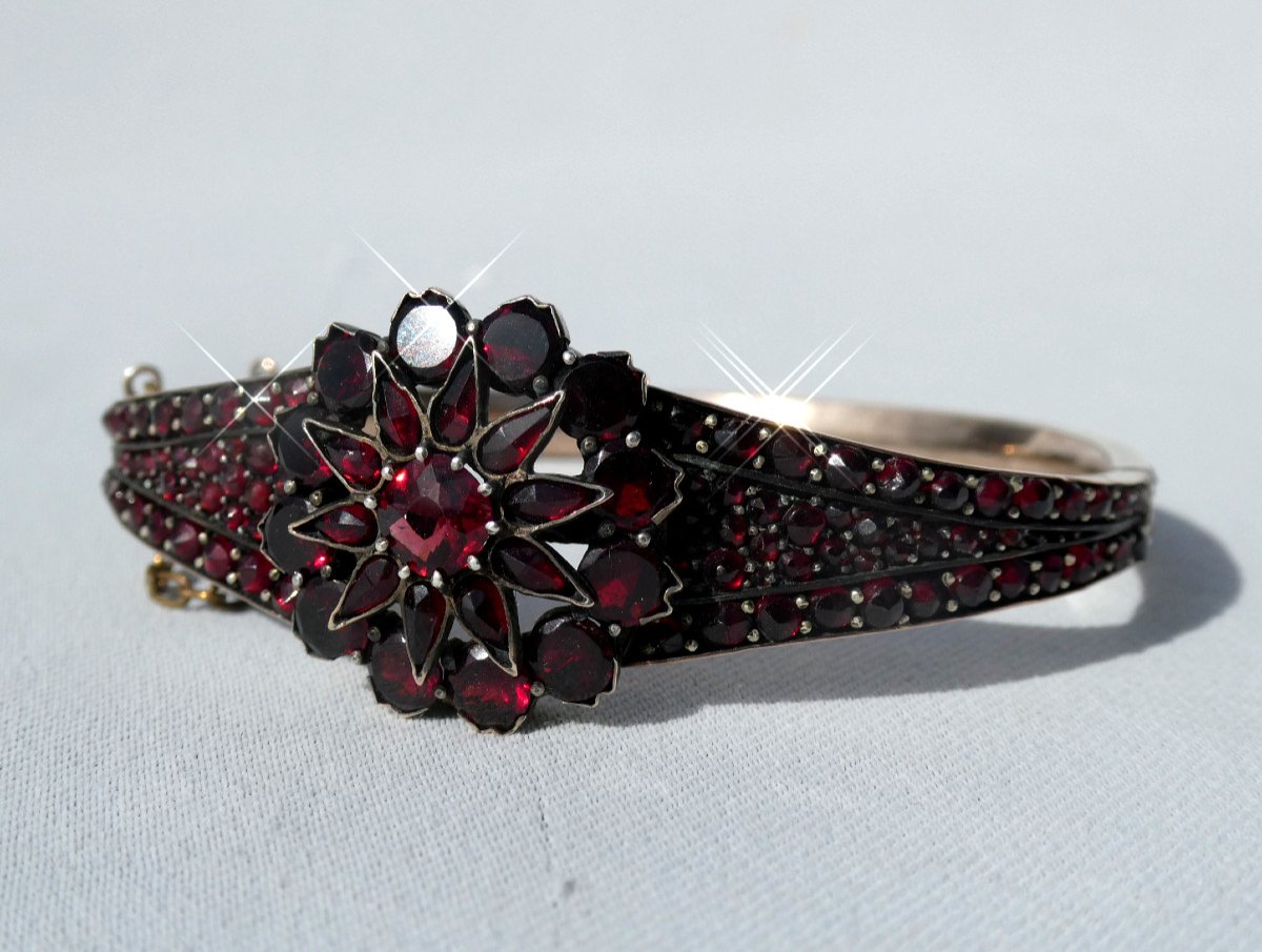 Semi Rigid Bracelet, Napoleon III Period, Garnets, 19th Century Jewel, Second Empire, Stars-photo-5