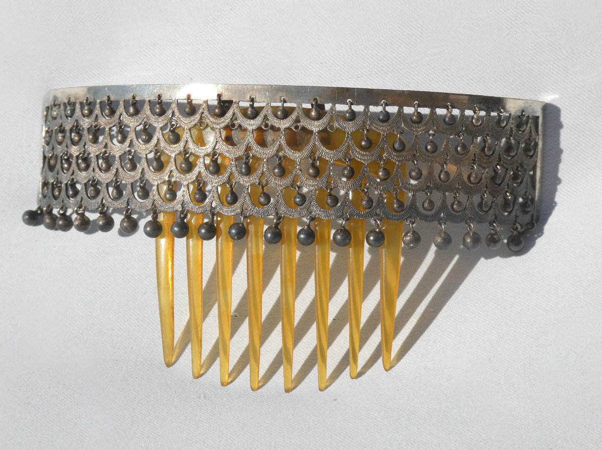 Hair Comb Period 1900, Diadem Style Napoleon III, Silver Metal Nineteenth Jewel-photo-4