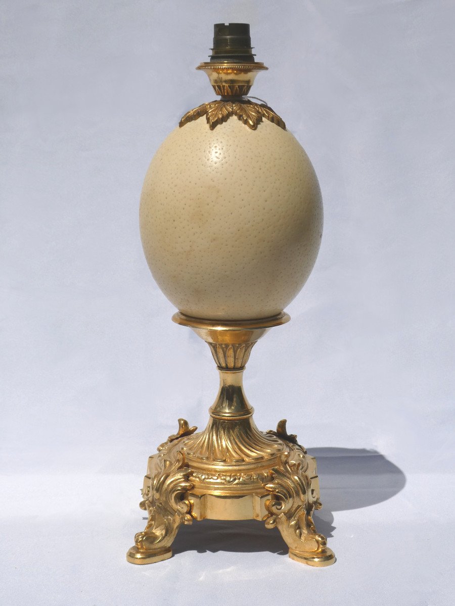 Grande Lampe De Table , Bronze Doré & Oeuf d'Autruche Maison Charles Style Louis XV Design 1970-photo-2