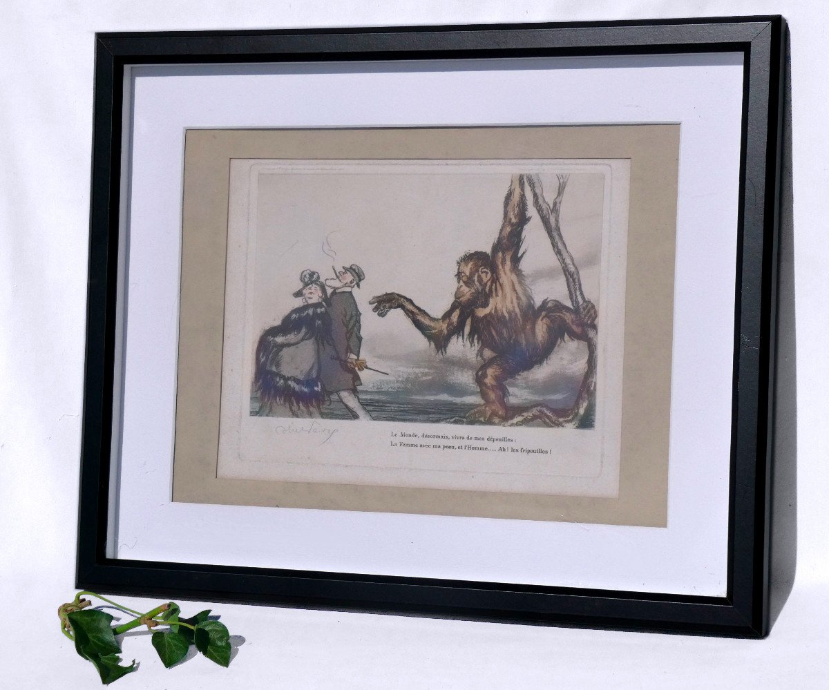 Lithographie Epoque 1920 , Signée Abel Fabre Satyre De La Greffe Testiculaires ,Manteau en poils de Singe / Orang Outan Estampe