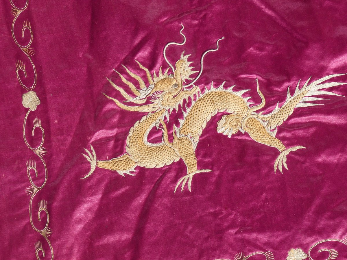 Broderie Chinoise Epoque 1880 , Nappe , Dessus De Table / Piano , Chale , Décor De Dragon XIXe-photo-2