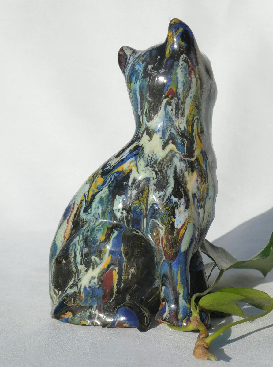 Glazed Terracotta Cat, Marmoreal Colors, Circa 1900, Sulfide Eyes, Gallé-photo-4