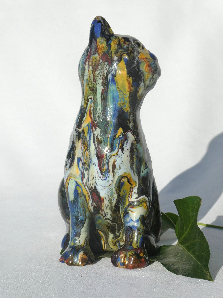 Glazed Terracotta Cat, Marmoreal Colors, Circa 1900, Sulfide Eyes, Gallé-photo-1