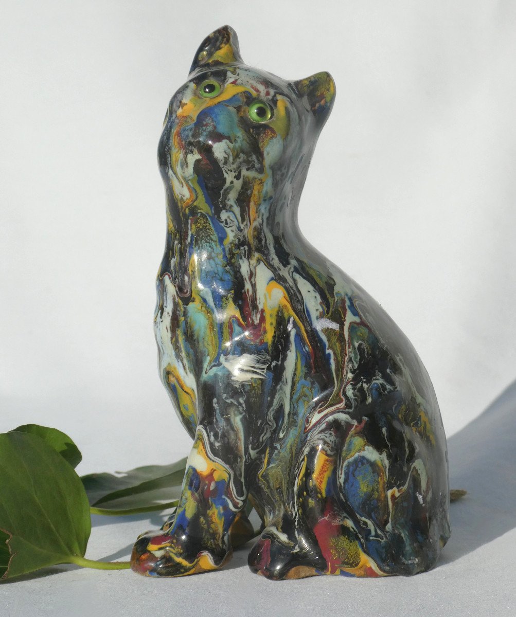 Glazed Terracotta Cat, Marmoreal Colors, Circa 1900, Sulfide Eyes, Gallé