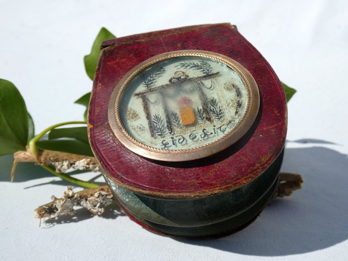Porte Monnaie Epoque Fin XVIIIe Siecle, Temple d'Amour Louis XVI , Cuir Et Miniature Reticule-photo-2