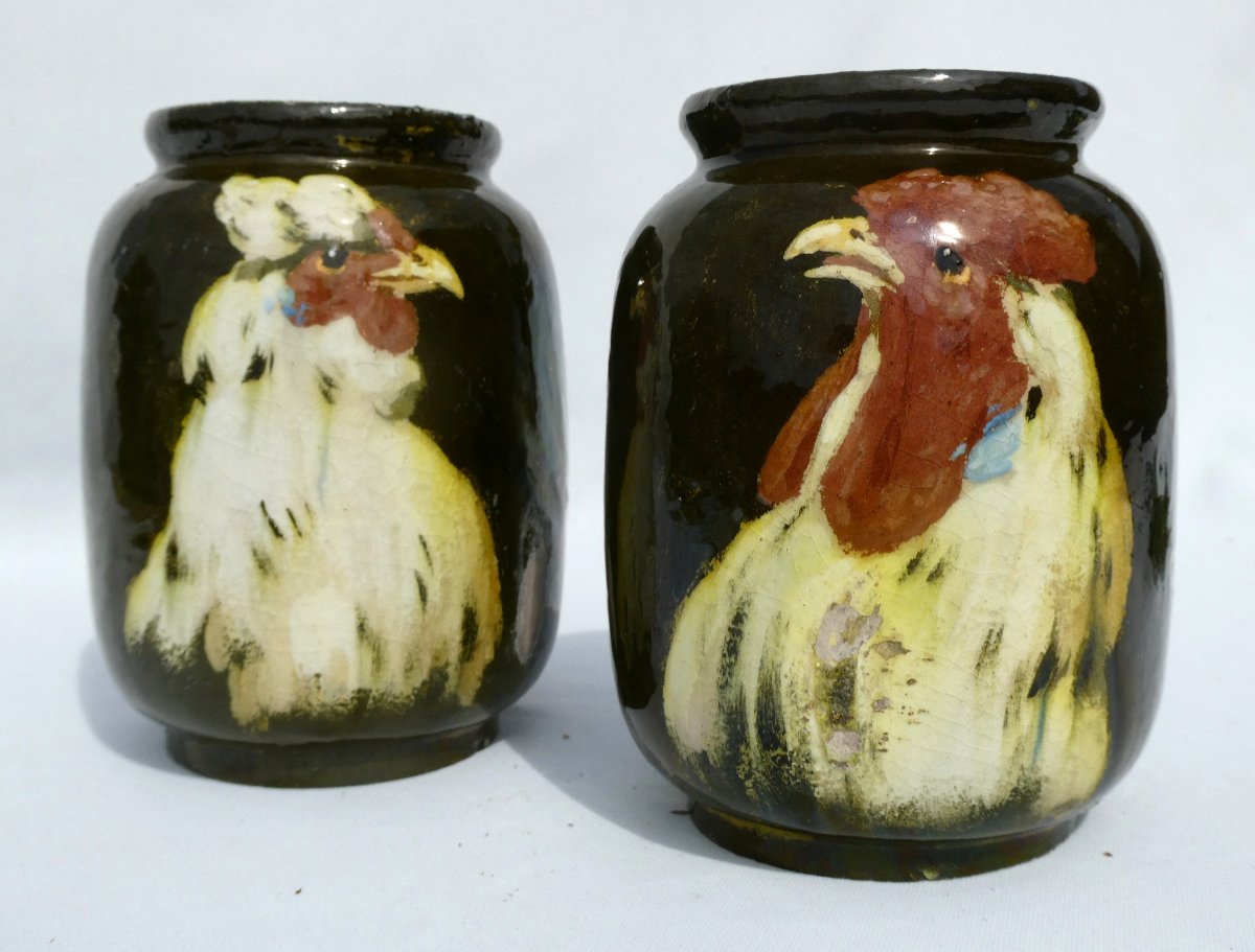 Paire De Vases En Barbotine , Décor Impressionniste XIXe De Coq & Poule , Charles Virion , Fontainebleau ; Montigny sur Loing , Delvaux-photo-3