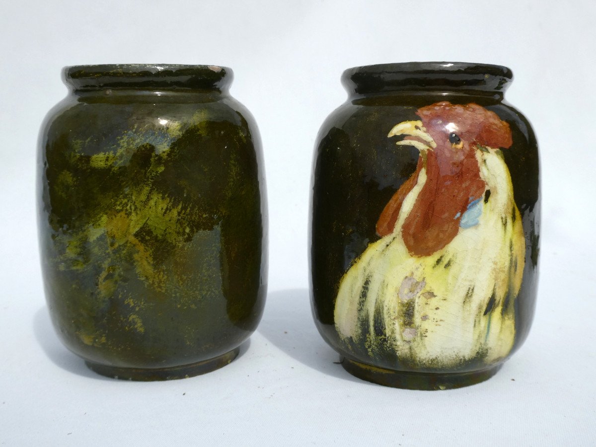 Paire De Vases En Barbotine , Décor Impressionniste XIXe De Coq & Poule , Charles Virion , Fontainebleau ; Montigny sur Loing , Delvaux-photo-4