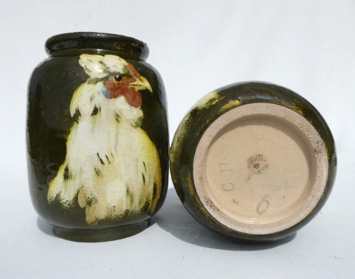 Paire De Vases En Barbotine , Décor Impressionniste XIXe De Coq & Poule , Charles Virion , Fontainebleau ; Montigny sur Loing , Delvaux-photo-7