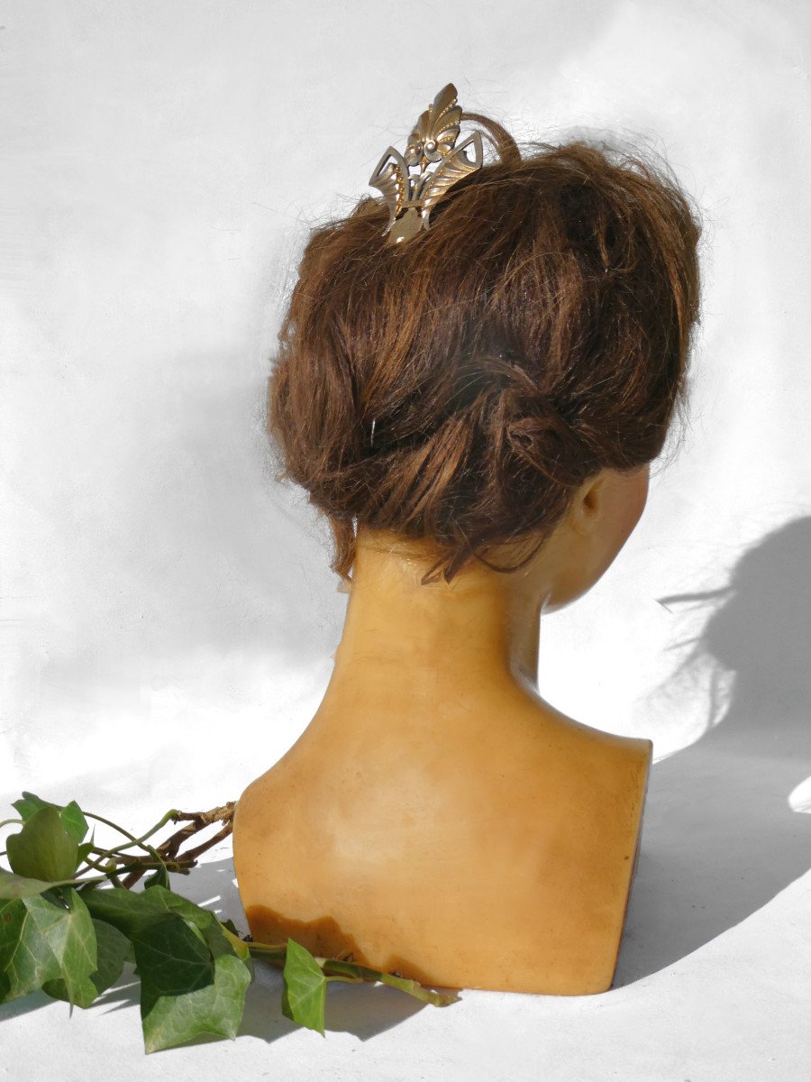 Peigne à Chignon époque 1880 Bijou De Cheveux Napoléon III , Métal Argenté Double Patine , XIXe-photo-2