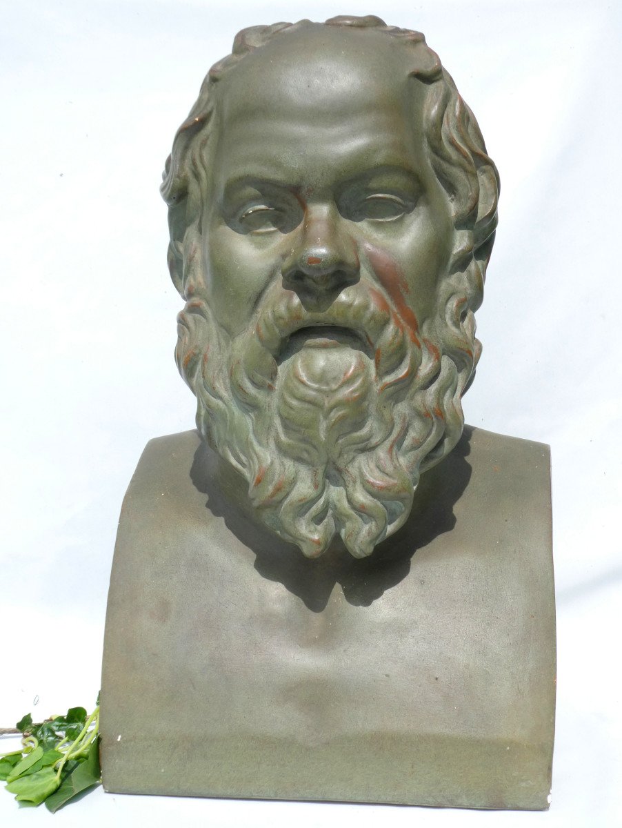 Grand Buste En Platre Patiné Terre Cuite , Philosophe Socrate , Moulage d'Atelier d'Artiste 190-photo-2