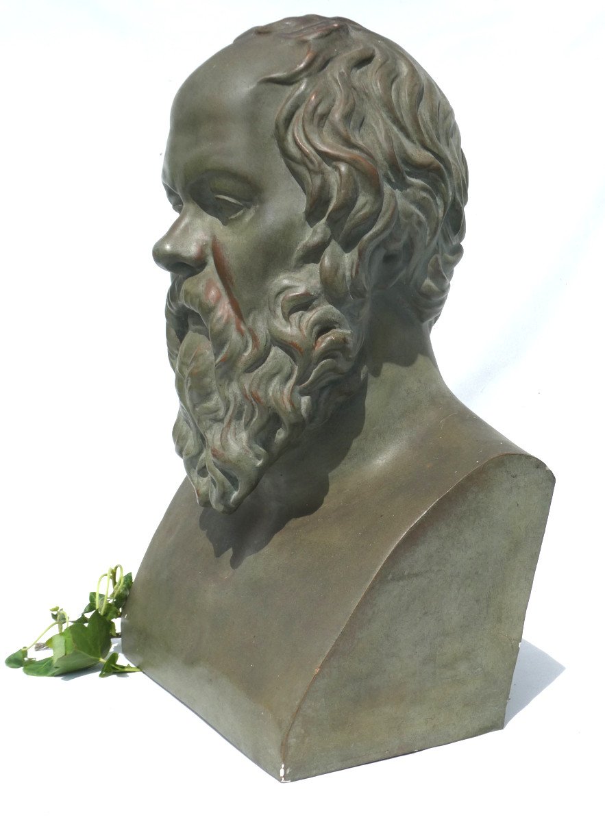 Grand Buste En Platre Patiné Terre Cuite , Philosophe Socrate , Moulage d'Atelier d'Artiste 190-photo-4