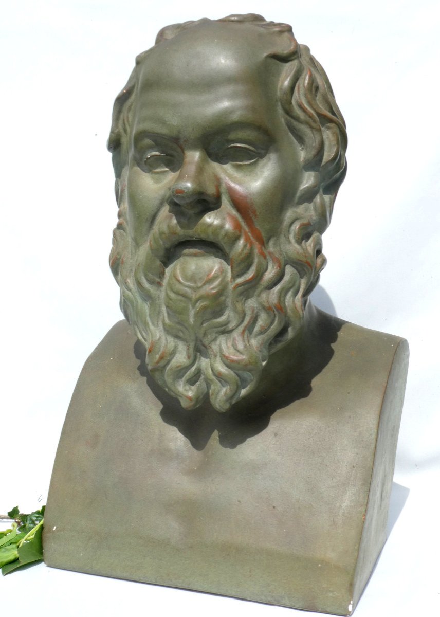 Grand Buste En Platre Patiné Terre Cuite , Philosophe Socrate , Moulage d'Atelier d'Artiste 190