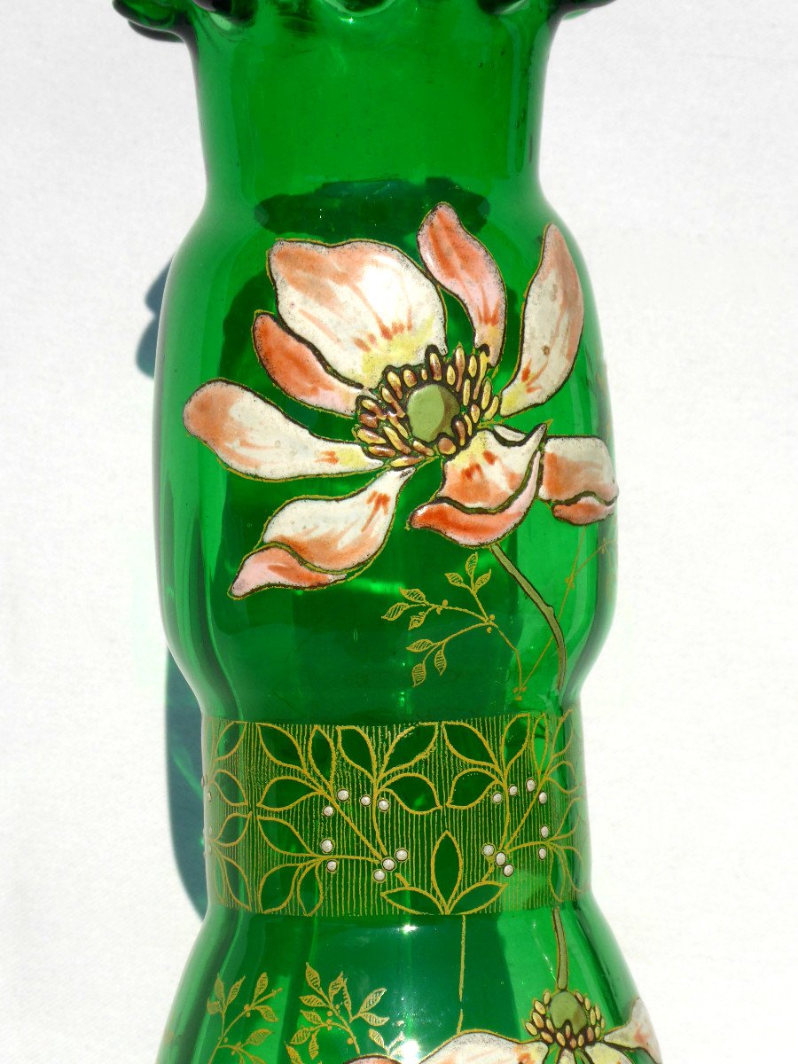 Pair Of Enameled Glass Vases, Legras Art Nouveau Period 1900 Bulb Vase, Orchids Nineteenth-photo-3