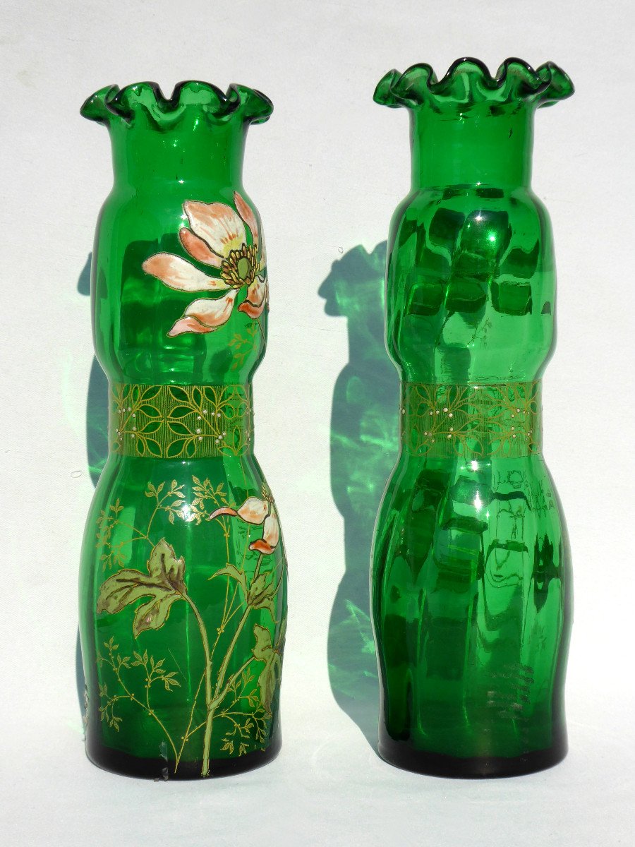 Pair Of Enameled Glass Vases, Legras Art Nouveau Period 1900 Bulb Vase, Orchids Nineteenth-photo-2
