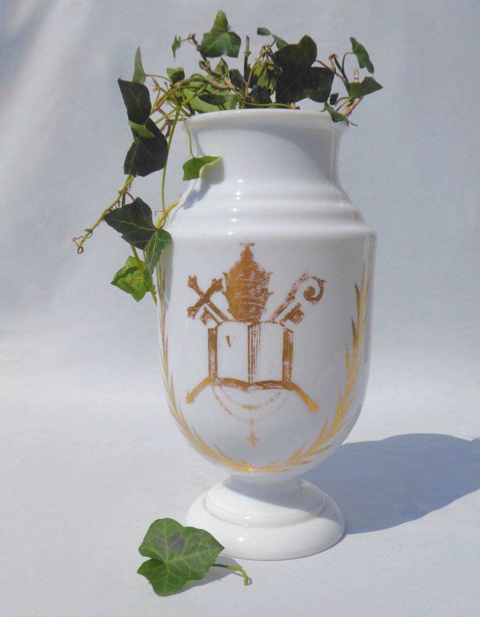 Vase d'Autel En Opaline , Décor De Tiare / Crosse Et Croix Papale XIXe Napoleon III Cathedrale-photo-3