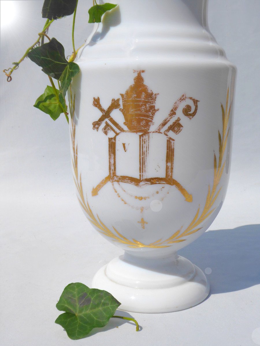 Vase d'Autel En Opaline , Décor De Tiare / Crosse Et Croix Papale XIXe Napoleon III Cathedrale-photo-4