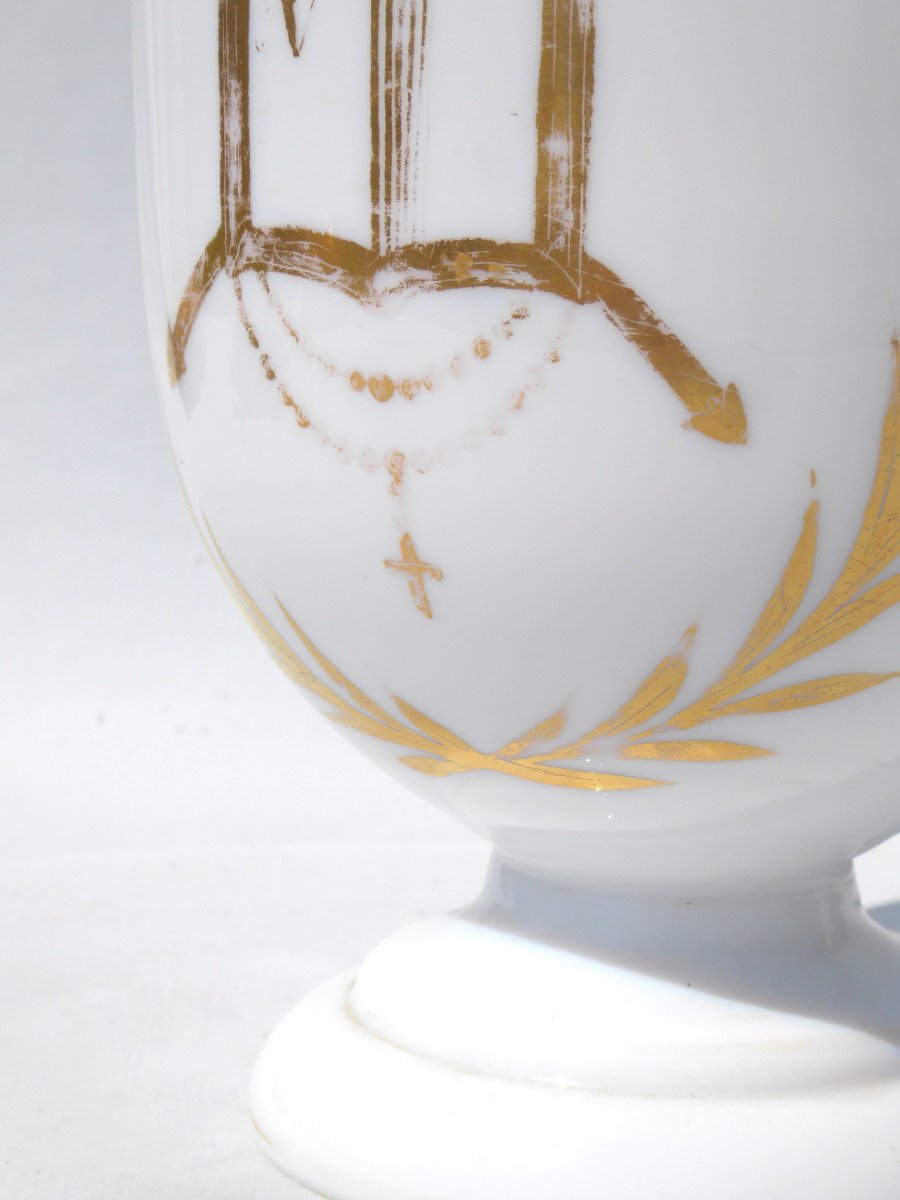Vase d'Autel En Opaline , Décor De Tiare / Crosse Et Croix Papale XIXe Napoleon III Cathedrale-photo-3