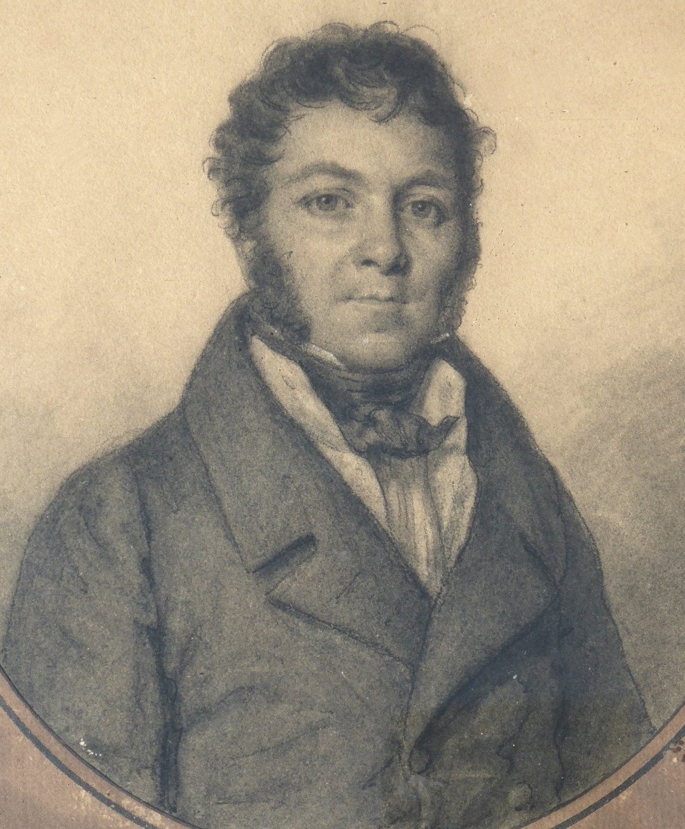 Dessin Au Fusain époque 1820 , Signé Henri Dubois , Portrait De Jeune Homme , Cadre Stuc Doré-photo-4