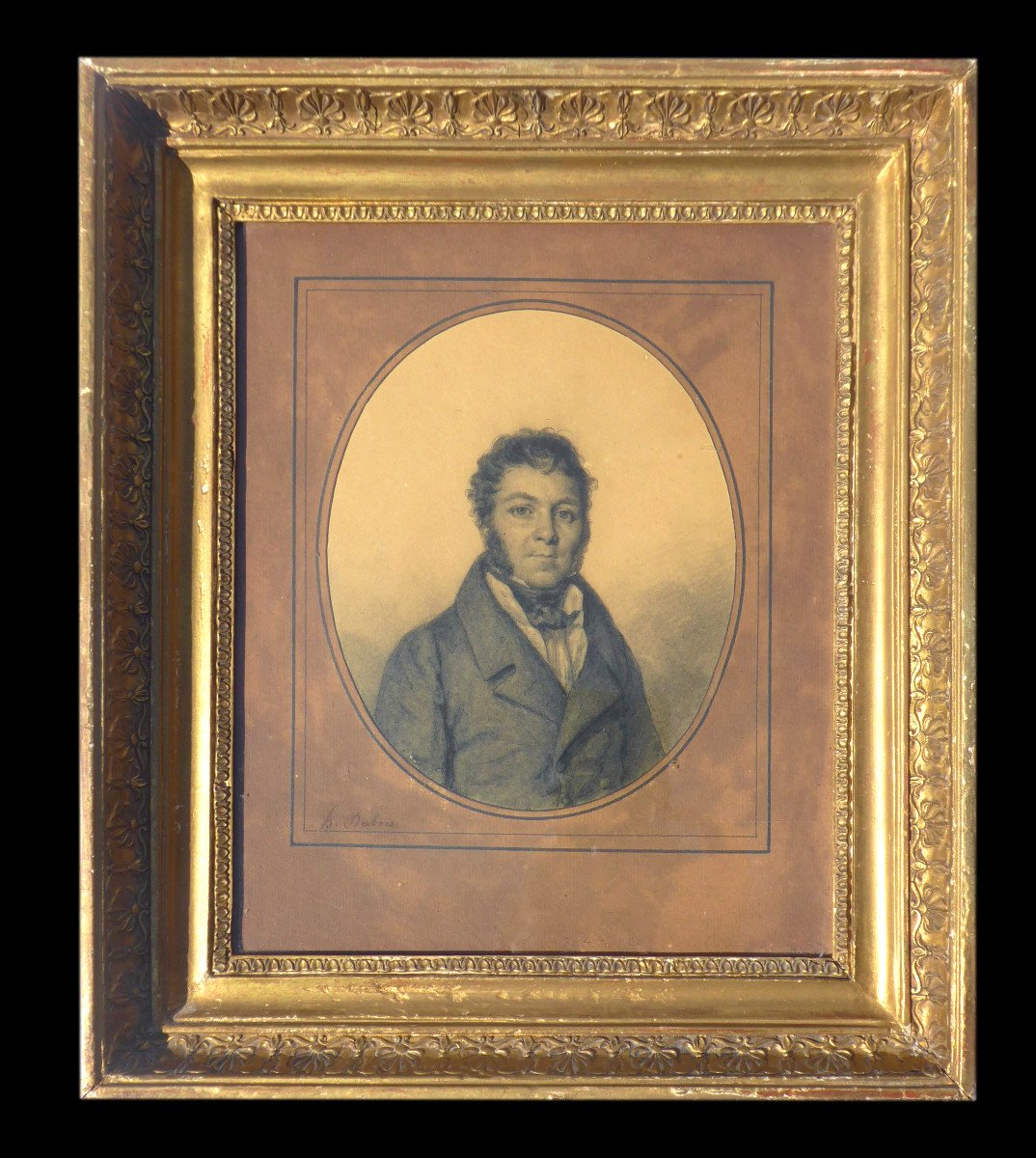 Dessin Au Fusain époque 1820 , Signé Henri Dubois , Portrait De Jeune Homme , Cadre Stuc Doré
