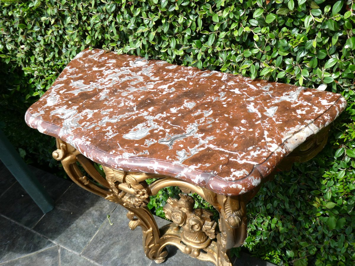 Wall Console In Golden Wood, 18th Century Style Napoleon III, Red Marble From Languedoc-photo-3