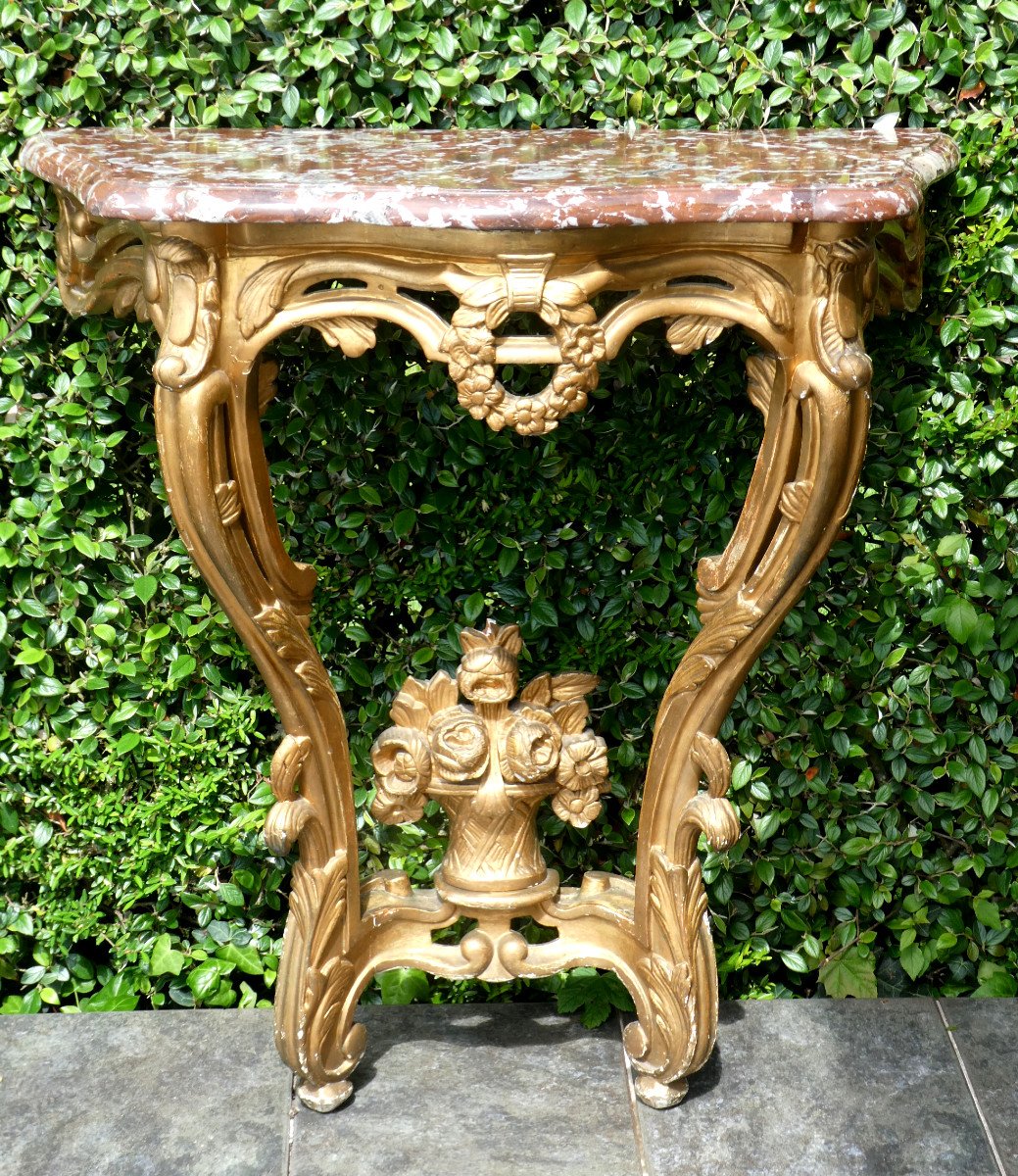 Wall Console In Golden Wood, 18th Century Style Napoleon III, Red Marble From Languedoc-photo-4