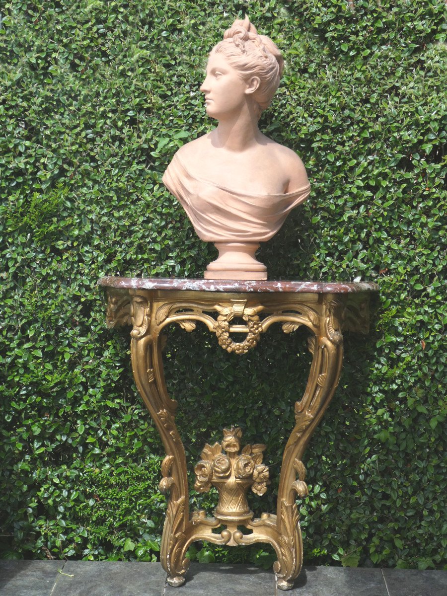 Wall Console In Golden Wood, 18th Century Style Napoleon III, Red Marble From Languedoc-photo-7