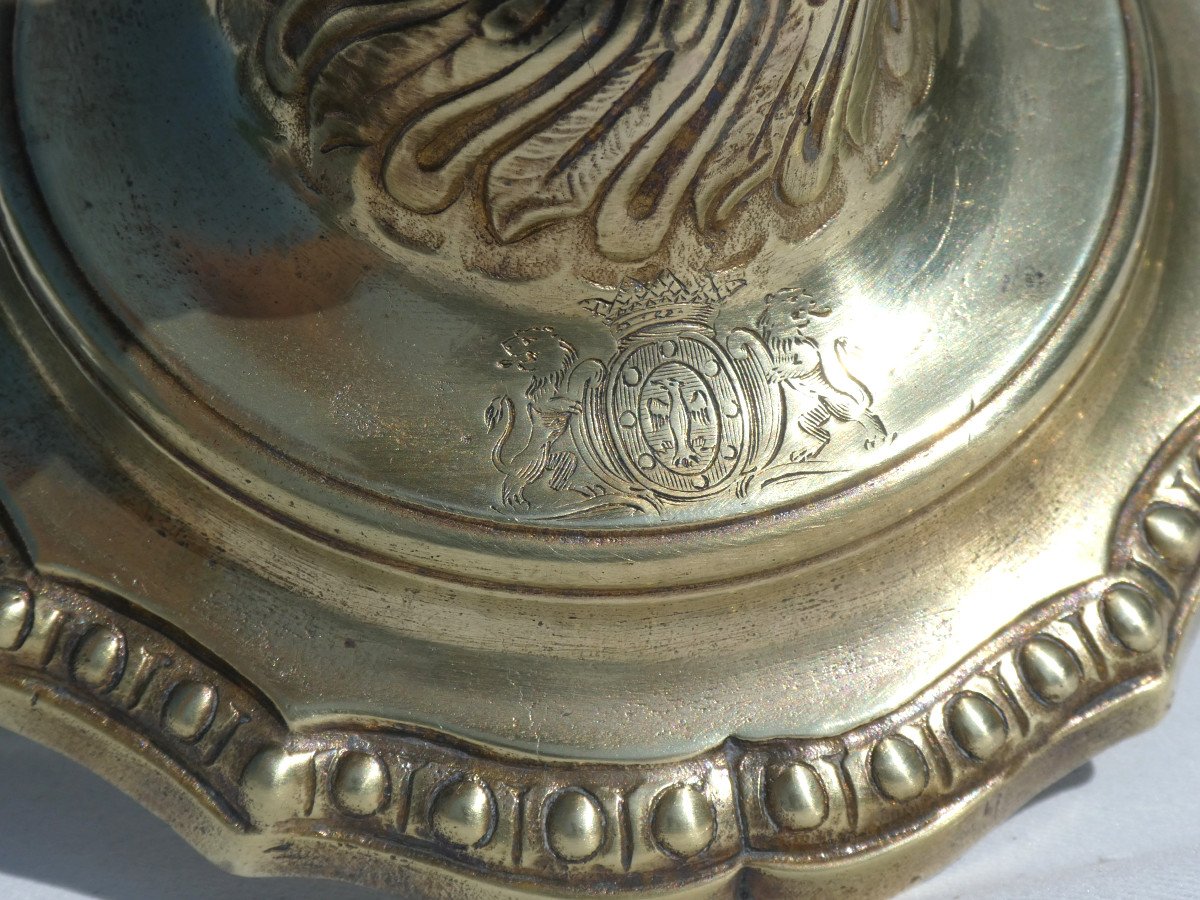 Bougeoir / Flambeau XIXe , Armoirié , Blason De Duc , Lions , Couronne Ducale XIXe , Molinel-photo-2