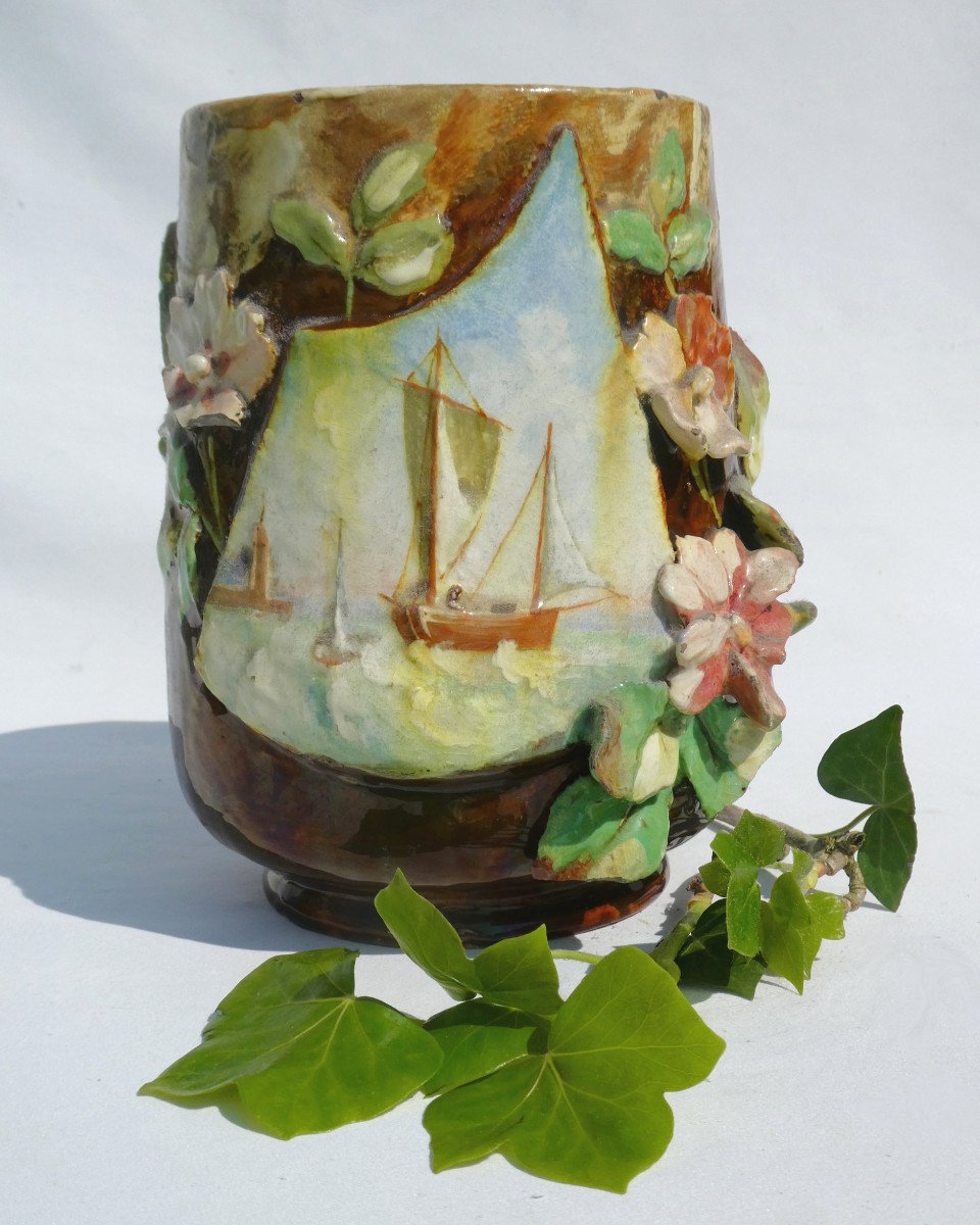 Pair Of Impressionist Barbotine Vases, Marine Decor, Atelier Theodore Lefront Fontainebleau-photo-3