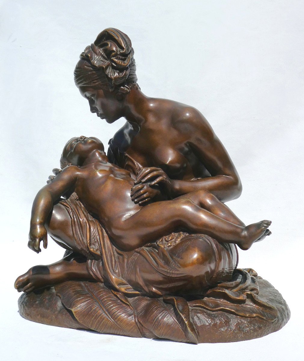 Grand Groupe En Bronze , La Tendresse Maternelle , Signé Jean Joseph Jaquet , Sculpture Orientaliste , Maternité , Colonie-photo-2