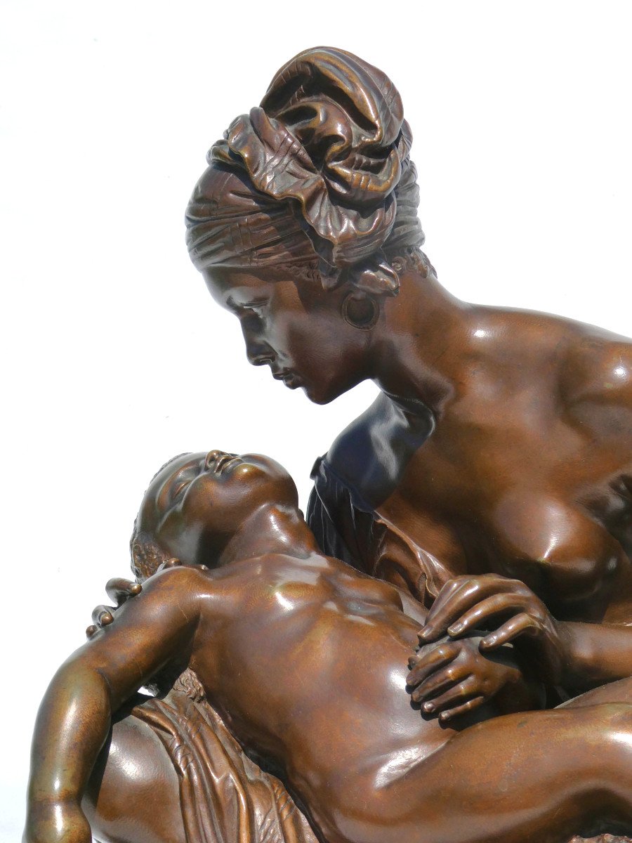 Grand Groupe En Bronze , La Tendresse Maternelle , Signé Jean Joseph Jaquet , Sculpture Orientaliste , Maternité , Colonie-photo-3