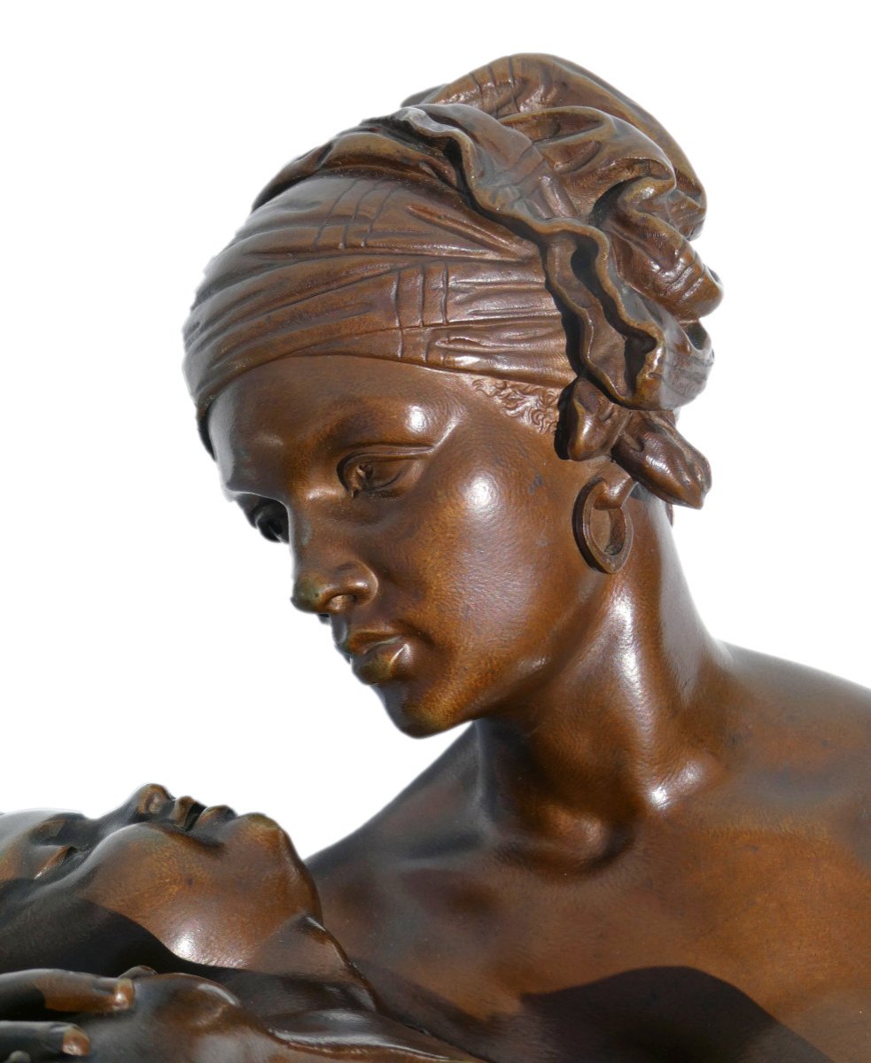 Grand Groupe En Bronze , La Tendresse Maternelle , Signé Jean Joseph Jaquet , Sculpture Orientaliste , Maternité , Colonie-photo-1