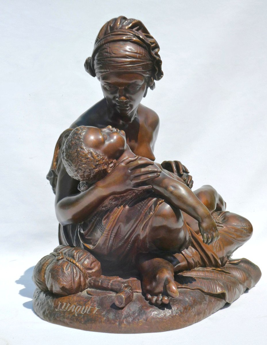 Grand Groupe En Bronze , La Tendresse Maternelle , Signé Jean Joseph Jaquet , Sculpture Orientaliste , Maternité , Colonie-photo-2