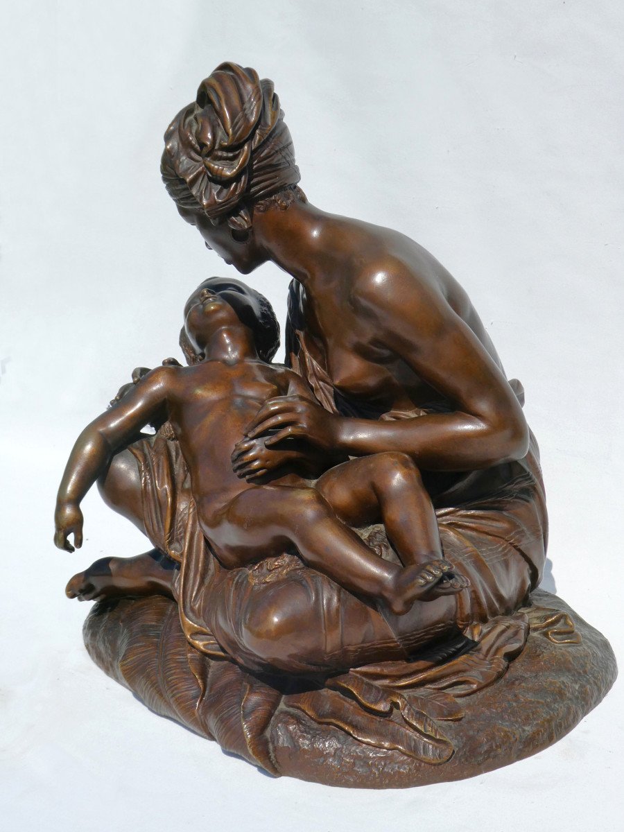 Grand Groupe En Bronze , La Tendresse Maternelle , Signé Jean Joseph Jaquet , Sculpture Orientaliste , Maternité , Colonie-photo-7