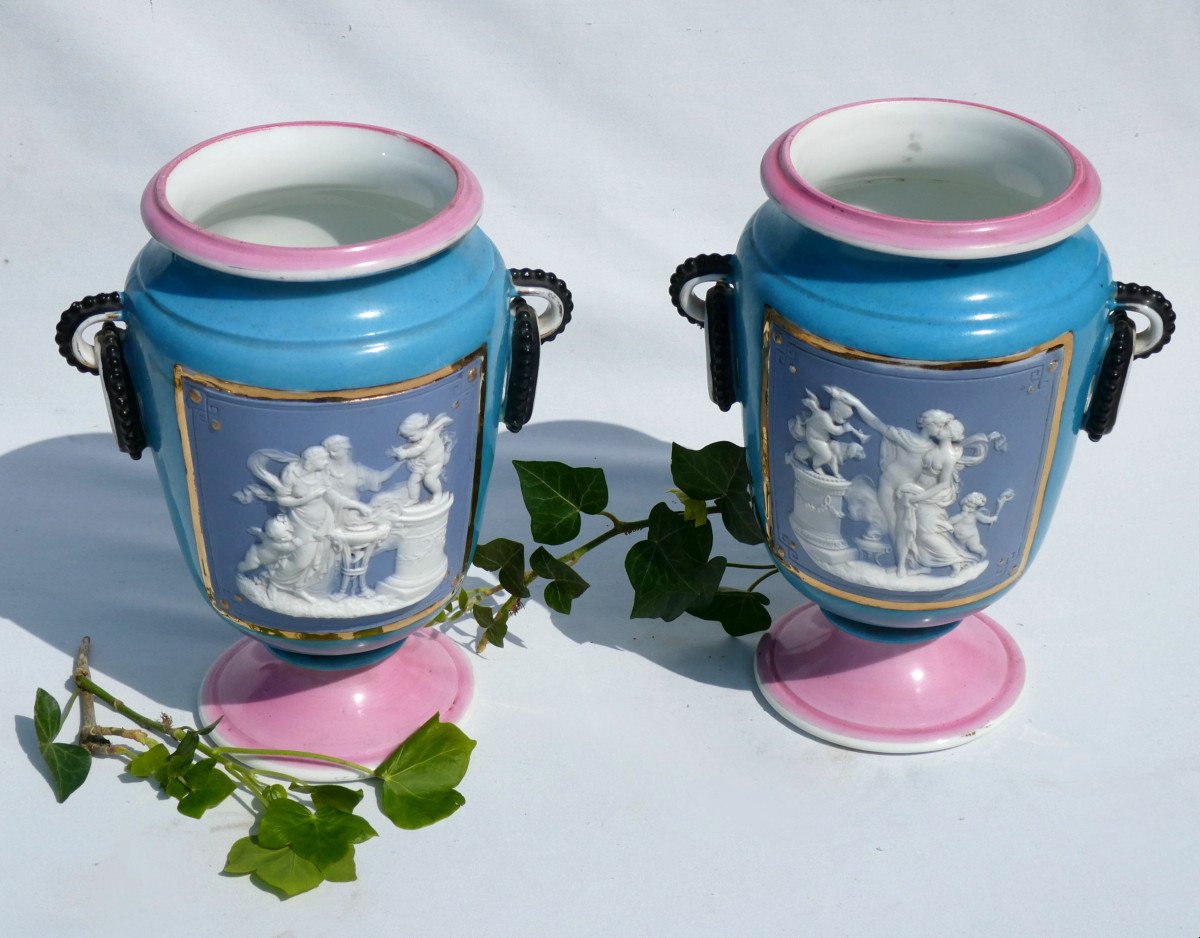 Paire De Vases En Porcelaine De Limoges & Biscuit , Camée De Style Empire , Napoleon III Henri Ardant XIXe -photo-4