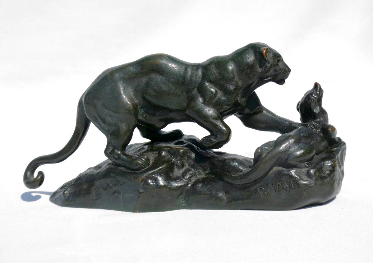 Sculpture Animaliere Bronze Patiné d'Aprés Antoine Louis Barye , Panthere Surprenant Un Zibeth -photo-2
