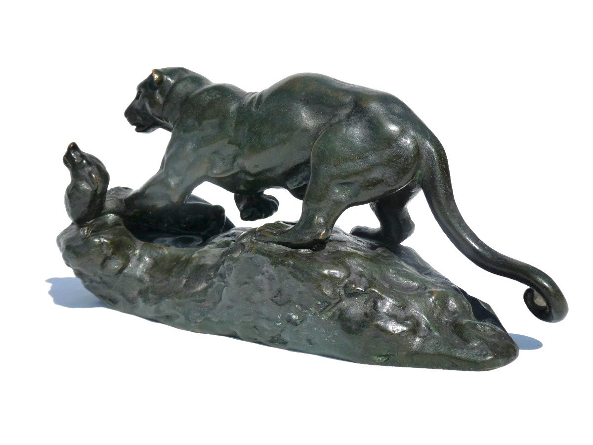 Sculpture Animaliere Bronze Patiné d'Aprés Antoine Louis Barye , Panthere Surprenant Un Zibeth -photo-4
