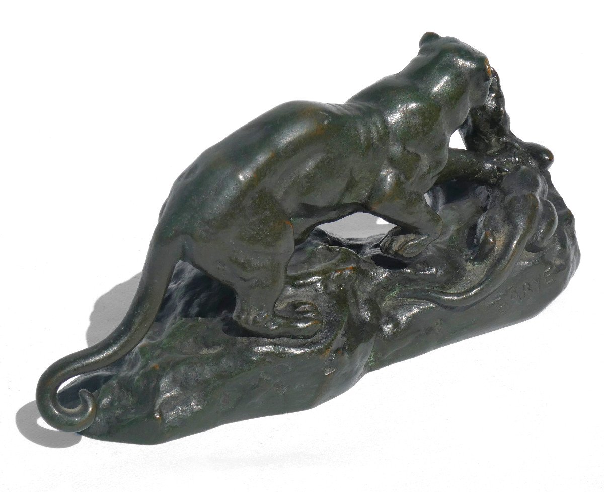 Sculpture Animaliere Bronze Patiné d'Aprés Antoine Louis Barye , Panthere Surprenant Un Zibeth -photo-5