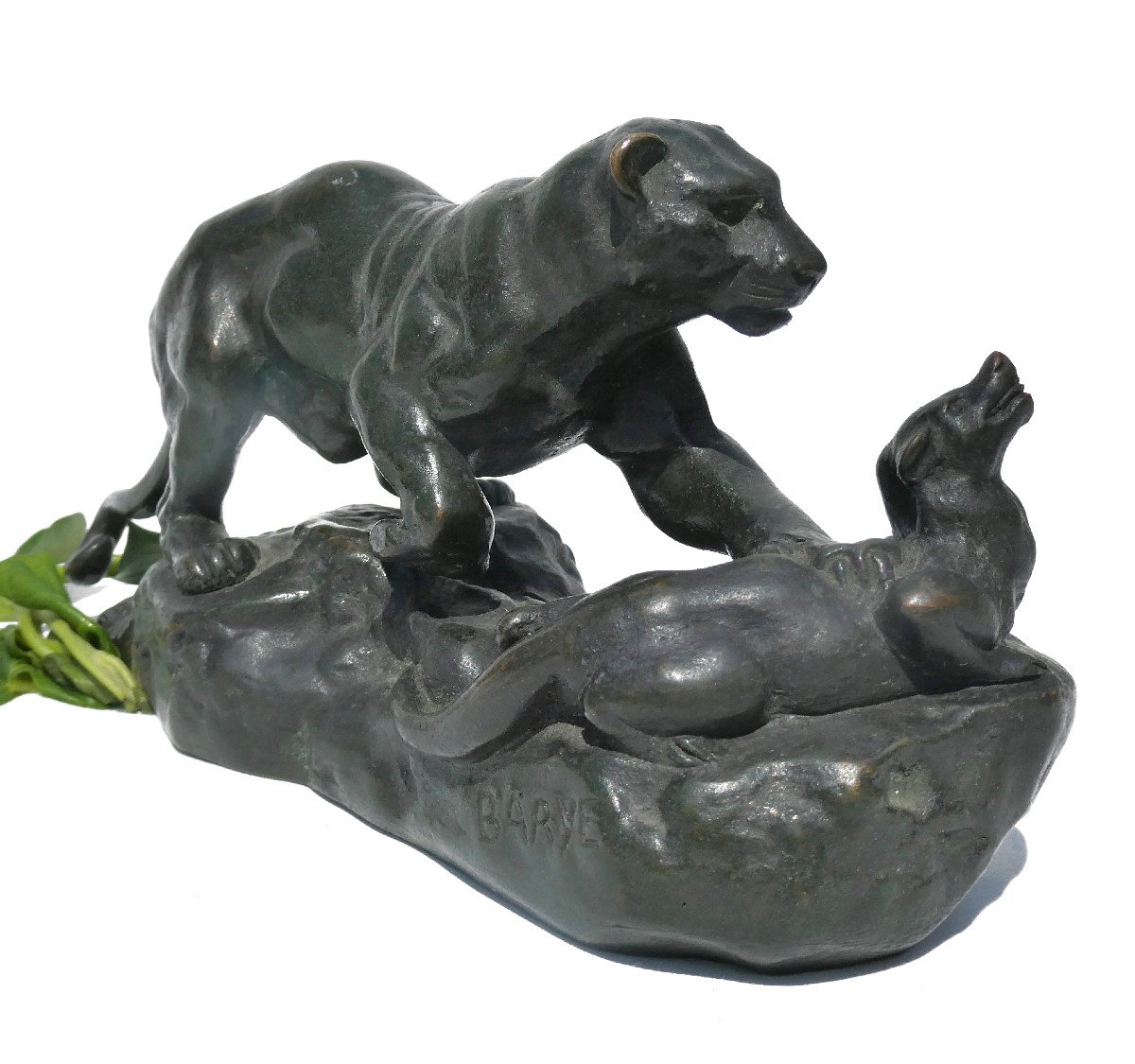 Sculpture Animaliere Bronze Patiné d'Aprés Antoine Louis Barye , Panthere Surprenant Un Zibeth -photo-7