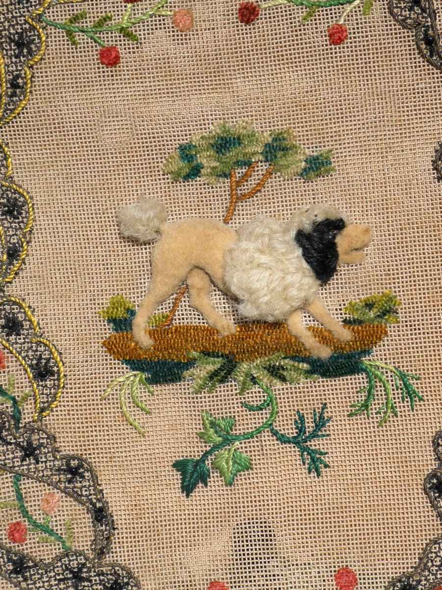 Ancienne Paire d'écrans De Visage époque 1820 , Broderie XIXe , Chien & Chat , éventail , Ecran-photo-4