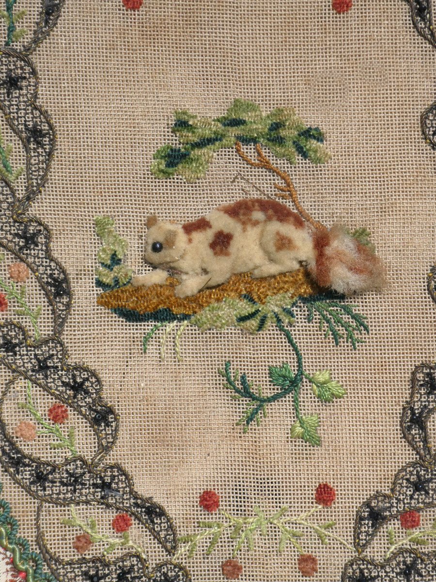 Ancienne Paire d'écrans De Visage époque 1820 , Broderie XIXe , Chien & Chat , éventail , Ecran-photo-2