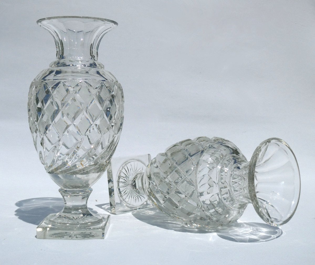 Pair Of Baccarat Crystal Vases, Pineapple Decor, Charles X Period, Le Creusot 1820 Nineteenth-photo-1