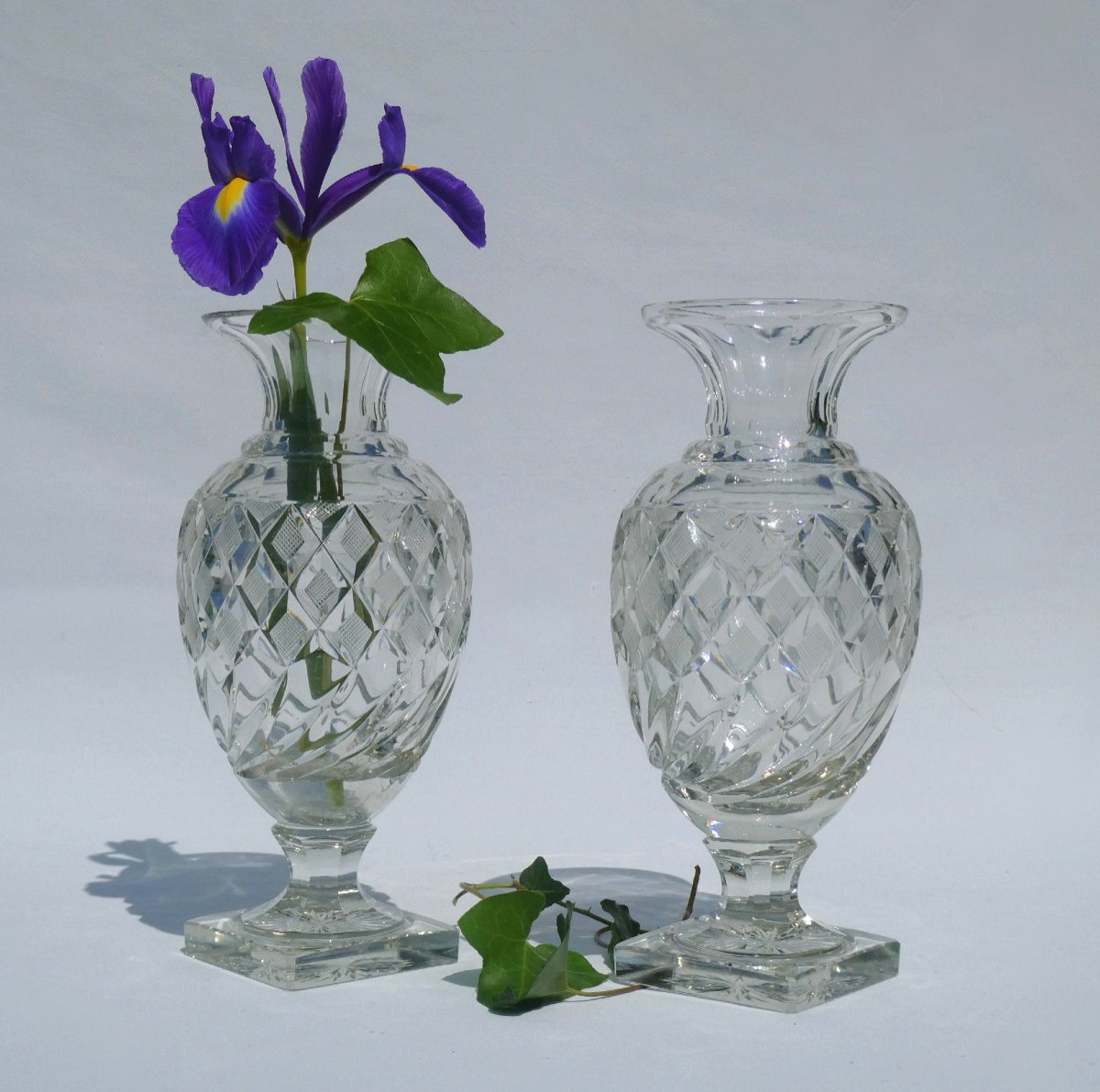 Pair Of Baccarat Crystal Vases, Pineapple Decor, Charles X Period, Le Creusot 1820 Nineteenth