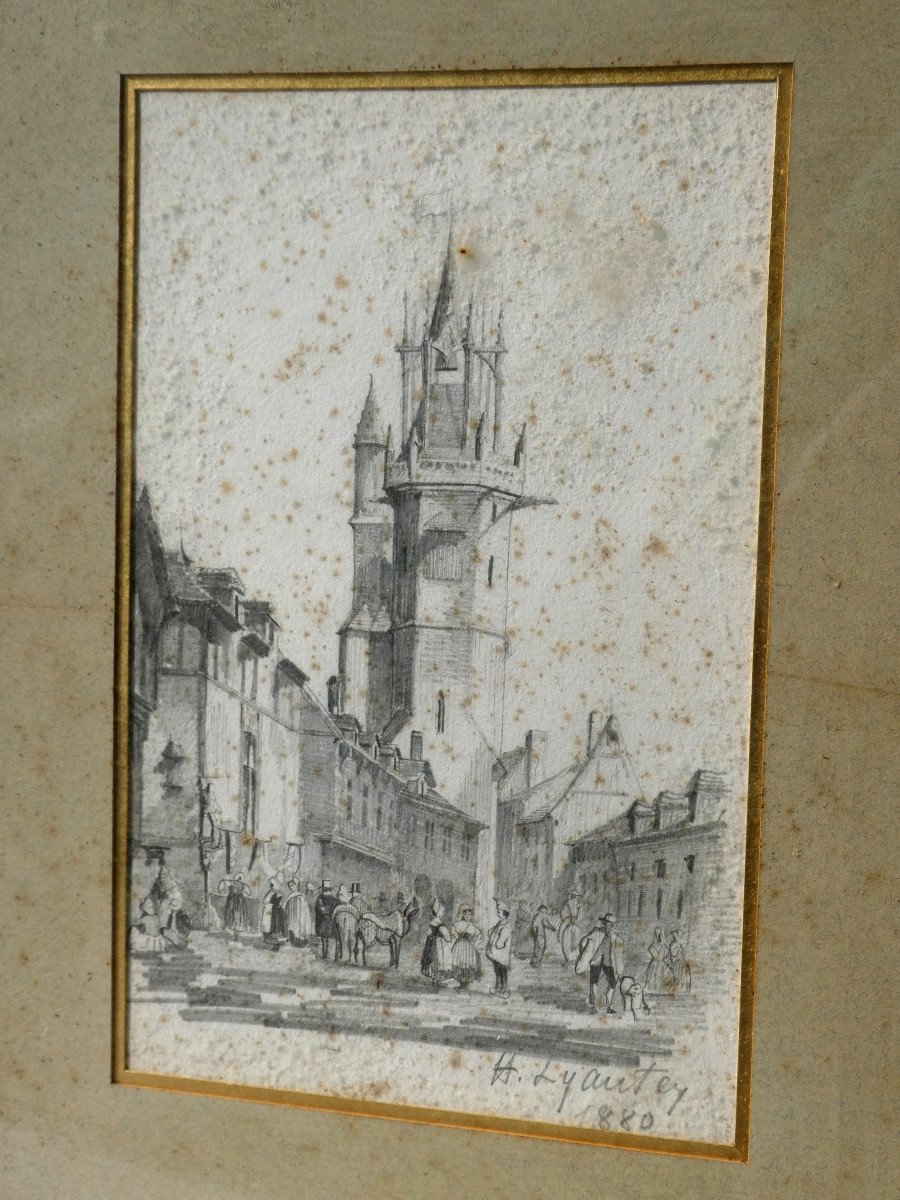 Drawing Signed By Marshal Hubert Lyautey 1880, Gros-horloge Tower, Evreux Normandy-photo-2
