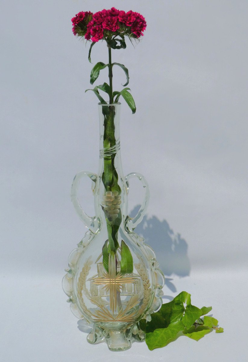 Vase Soliflore d'Autel / Burette à Vin époque Fin XVIIIe Siecle Verre Gravé De Forme Gourde , Objet Religieux-photo-5
