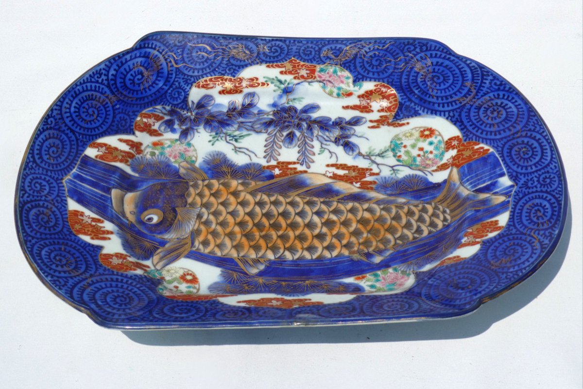 Grand Plat En Porcelaine Japonaise , Coloris Imari , Décor De Carpe , Poisson XIXe , Japon-photo-8