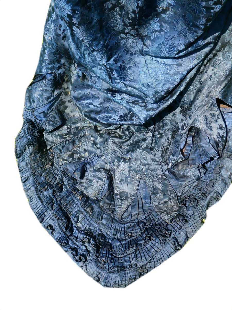 Robe &agrave; Tournure &amp; Traine &eacute;poque 1880 , Costume XIXe , Soie Bleue , Mode Napol&eacute;on III Faux Cul-photo-4